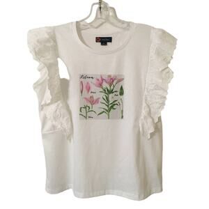 Indigo Poppy, Medium, White Blouse Pink Lillies And Cap Eyelet Sleeves